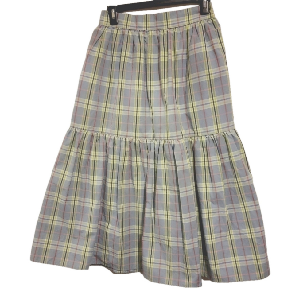 BURU Smocked Waist Blue Green Plaid Midi Skirt Sz S/M Pocketed New Without Tags